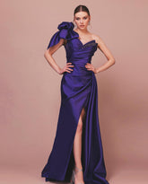 Purple One Shoulder Sleeveless Satin Mermaid Bow Beading Split Front Evening Gown