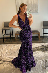 Purple Sequined Prom Dress with Deep V Neck and Open Back in Mermaid Style
