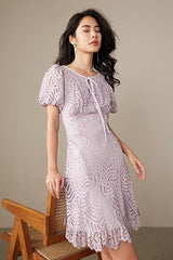 Purple Short Lace Dress with Puff Sleeves