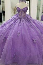 Purple Spaghetti Strap Sleeveless Beaded Floral Applique Bow Ball Gown Quinceanera Dress