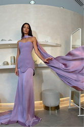 Purple Sweetheart Cape Sleeves Mermaid Satin Pleated Floor Length Formal Evening Gown