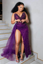 Purple Sweetheart Sleeveless Beaded Corset Mermaid Tulle Slit Floor Formal Evening Dress