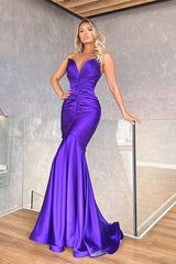 Purple Sweetheart Strapless Mermaid Satin Ruched Floor Length Formal Evening Gown