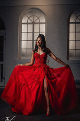 Red Appliques Strapless Prom Dress Lace A-Line Gown with High Slit