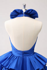 Red Deep V-neck A-Line Satin Short Homecoming Dress with Ruffles