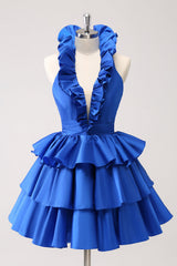 Red Deep V-neck A-Line Satin Short Homecoming Dress with Ruffles