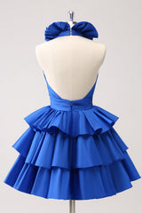 Red Deep V-neck A-Line Satin Short Homecoming Dress with Ruffles