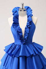 Red Deep V-neck A-Line Satin Short Homecoming Dress with Ruffles