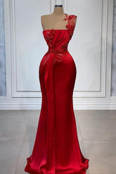 Red Flowers One Shoulder Sleeveless Floor-length Prom Evening Dresses