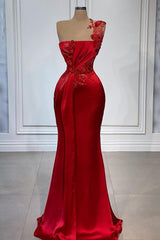 Red Flowers One Shoulder Sleeveless Floor-length Prom Evening Dresses