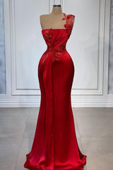 Red Flowers One Shoulder Sleeveless Floor-length Prom Evening Dresses