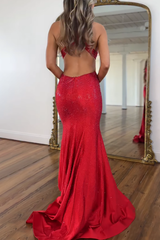 Red Halter Sleeveless Beading Satin Mermaid Prom Dress Backless Side Slit Floor Length