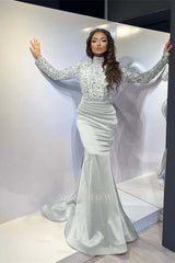 Red High Neck Long Sleeve Sequined Mermaid Satin Ruched Floor Length Formal Evening Gown