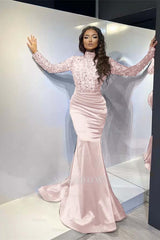 Red High Neck Long Sleeve Sequined Mermaid Satin Ruched Floor Length Formal Evening Gown