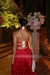 Red high neck applique A-line evening dress