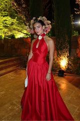 Red high neck applique A-line evening dress
