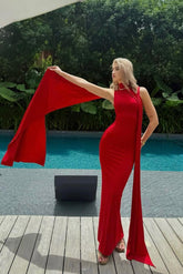 Red High Neck Sleeveless Mermaid Satin Draped Sash Floor Length Formal Evening Gown