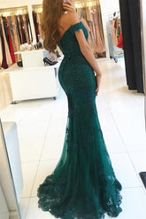 Red Long Evening Dresses Lace Beaded Off Shoulder Mermaid Prom Evening Dresses Party Dresses