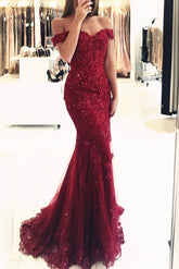Red Long Evening Dresses Lace Beaded Off Shoulder Mermaid Prom Evening Dresses Party Dresses