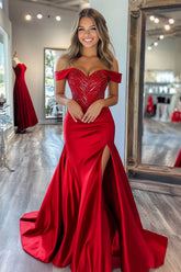 Red off-the-shoulder front-split mermaid prom dress