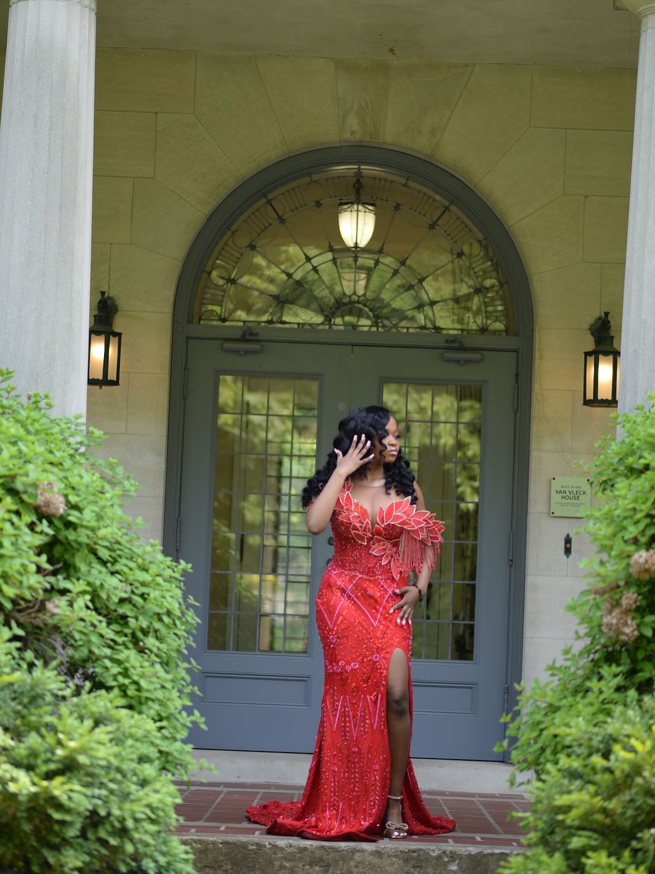 Red Mermaid Prom Dress Deep V Sweetheart Sheer Illusion One Shoulder 3D Petal Leaf Applique Gold Crystal Fringe Tassel All-Over Sequin Geometric Rhinestone Beaded High Split Sweep Train Gown