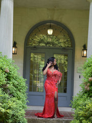 Red Mermaid Prom Dress Deep V Sweetheart Sheer Illusion One Shoulder 3D Petal Leaf Applique Gold Crystal Fringe Tassel All-Over Sequin Geometric Rhinestone Beaded High Split Sweep Train Gown