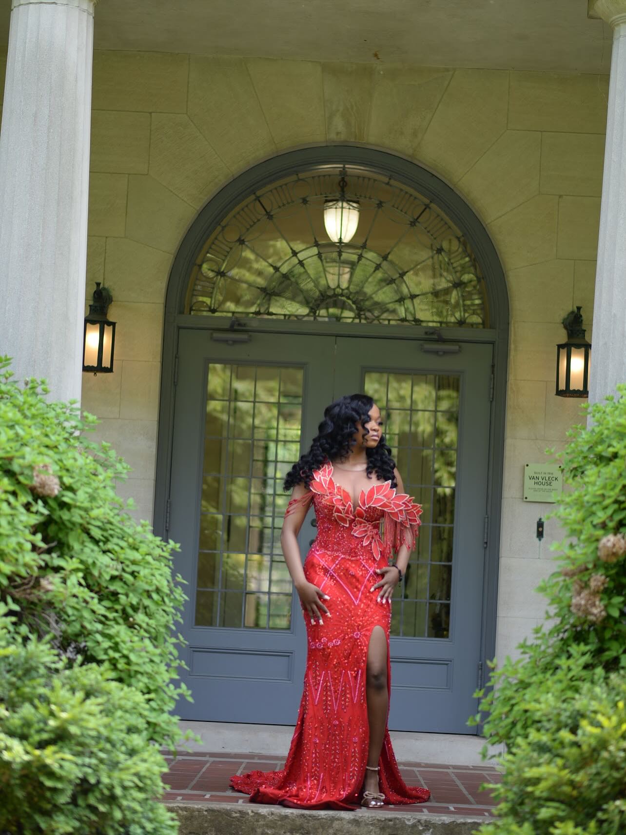 Red Mermaid Prom Dress Deep V Sweetheart Sheer Illusion One Shoulder 3D Petal Leaf Applique Gold Crystal Fringe Tassel All-Over Sequin Geometric Rhinestone Beaded High Split Sweep Train Gown