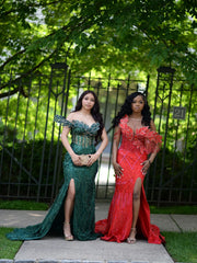 Red Mermaid Prom Dress Deep V Sweetheart Sheer Illusion One Shoulder 3D Petal Leaf Applique Gold Crystal Fringe Tassel All-Over Sequin Geometric Rhinestone Beaded High Split Sweep Train Gown