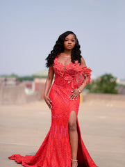 Red Mermaid Prom Dress Deep V Sweetheart Sheer Illusion One Shoulder 3D Petal Leaf Applique Gold Crystal Fringe Tassel All-Over Sequin Geometric Rhinestone Beaded High Split Sweep Train Gown