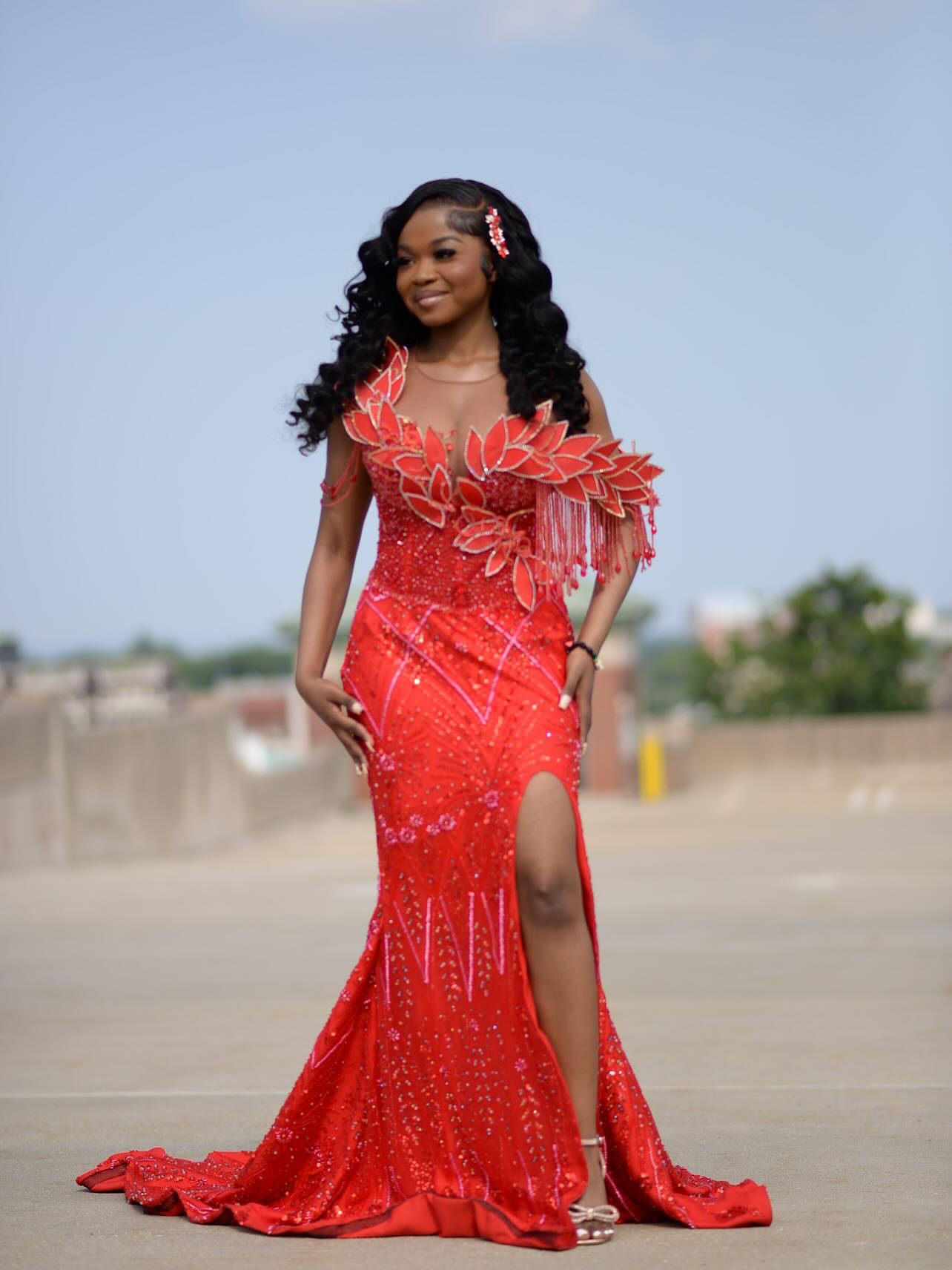 Red Mermaid Prom Dress Deep V Sweetheart Sheer Illusion One Shoulder 3D Petal Leaf Applique Gold Crystal Fringe Tassel All-Over Sequin Geometric Rhinestone Beaded High Split Sweep Train Gown