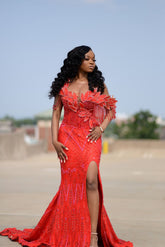 Red Mermaid Prom Dress Deep V Sweetheart Sheer Illusion One Shoulder 3D Petal Leaf Applique Gold Crystal Fringe Tassel All-Over Sequin Geometric Rhinestone Beaded High Split Sweep Train Gown