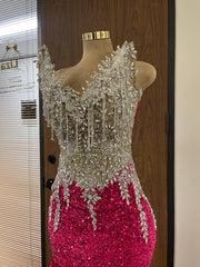 Red Mermaid Prom Dress Illusion Scoop Neck Silver Crystal Leaf Applique Fringe Tassel Sequin Corset Court Train Gown