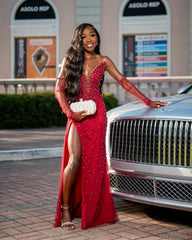 Red Mermaid Prom Dress Off Shoulder Deep V Sweetheart Sheer Illusion Boned Corset Heavy Gold Pearl Bead Cluster All-Over Scattered Gold Pearl Bead Red Tulle Detached Long Red Sheer Illusion Gloves High Split Sweep Train Gown