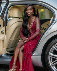 Red Mermaid Prom Dress Off Shoulder Deep V Sweetheart Sheer Illusion Boned Corset Heavy Gold Pearl Bead Cluster All-Over Scattered Gold Pearl Bead Red Tulle Detached Long Red Sheer Illusion Gloves High Split Sweep Train Gown