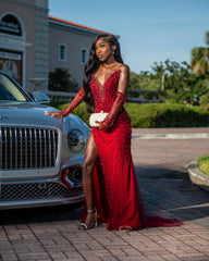 Red Mermaid Prom Dress Off Shoulder Deep V Sweetheart Sheer Illusion Boned Corset Heavy Gold Pearl Bead Cluster All-Over Scattered Gold Pearl Bead Red Tulle Detached Long Red Sheer Illusion Gloves High Split Sweep Train Gown