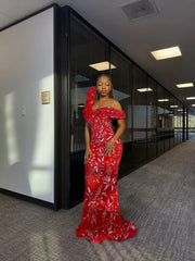 Red Mermaid Prom Dress Off Shoulder One Shoulder 3D Floral Ruffle Silver Crystal Botanical Leaf Beaded Lace Sweep Train Gown