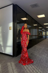 Red off-the-shoulder rhinestone mermaid prom dress