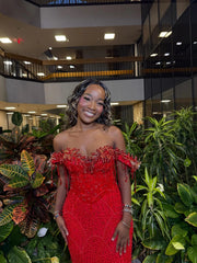 Red Mermaid Prom Dress Off Shoulder Sweetheart 3D Crystal Floral Leaf Applique Fringe Tassel Neckline Gold Geometric Beaded Sequin Sweep Train Gown