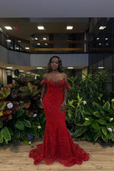 Red Mermaid Prom Dress Off Shoulder Sweetheart 3D Crystal Floral Leaf Applique Fringe Tassel Neckline Gold Geometric Beaded Sequin Sweep Train Gown