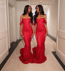 Red Mermaid Prom Dress Off Shoulder Sweetheart Short Puff Sleeve All-Over Large Red Sequin Red Lace Embroidery Multi-Tier Red Lace Ruffle Hem Sweep Train Gown