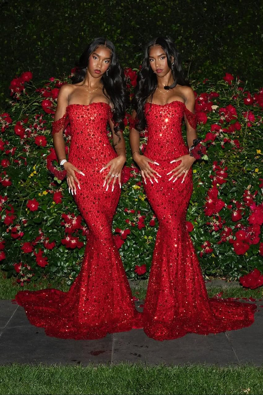 Red Mermaid Prom Dress Off Shoulder Sweetheart Short Puff Sleeve All-Over Large Red Sequin Red Lace Embroidery Multi-Tier Red Lace Ruffle Hem Sweep Train Gown