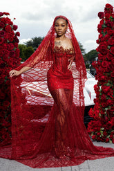 Red Mermaid Prom Dress Strapless Sweetheart 3D Gold Crystal Floral Fringe Tassel Neckline Sheer Glitter Lace Barely There Cathedral Train Gown