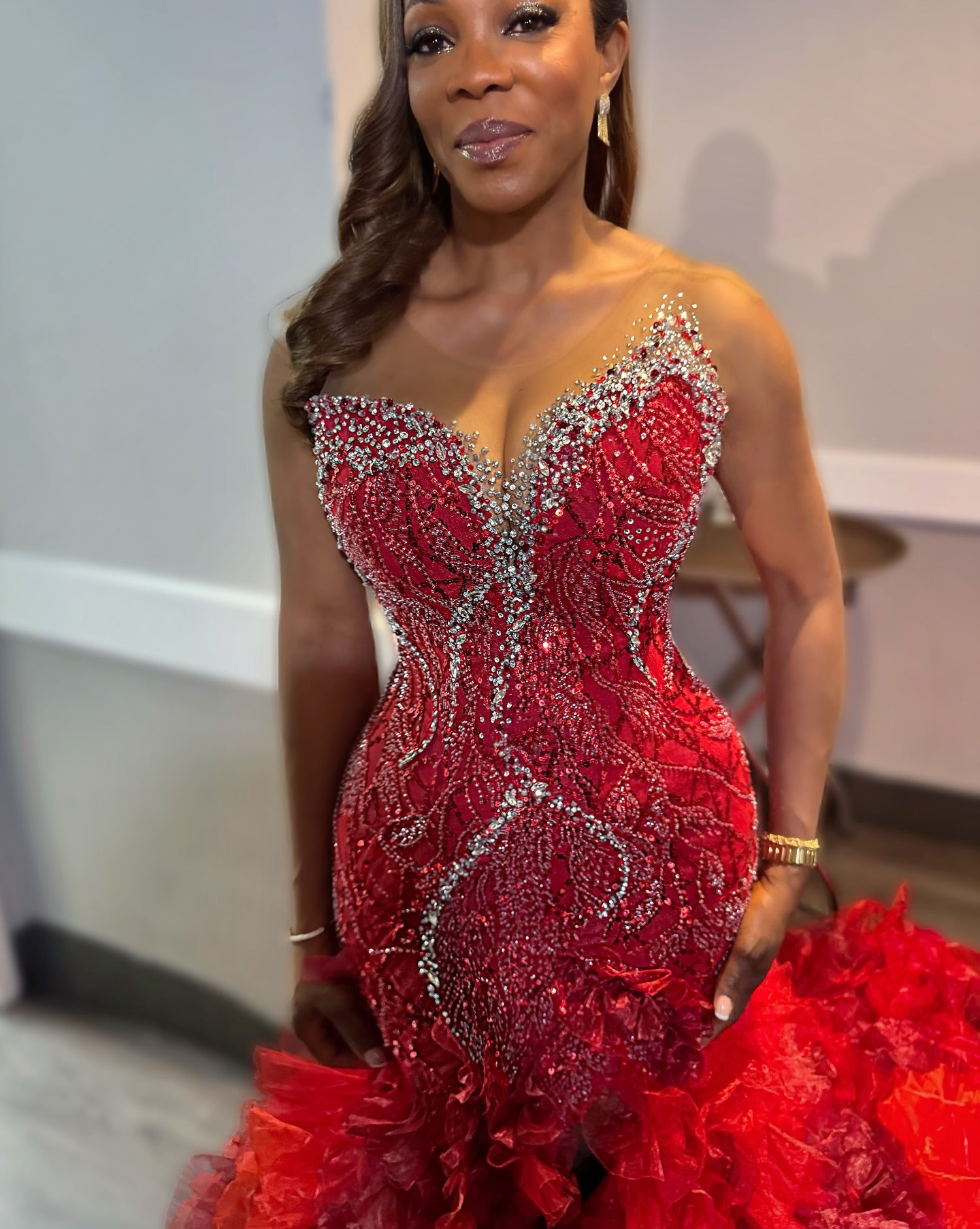 Red Mermaid Prom Dress Strapless Sweetheart Silver Crystal Rhinestone Beaded Lace Corset Ruffle Organza Skirt Split Front Chapel Train Gown