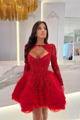 Red Mini A-Line Long Sleeves Ruffles Halter Prom Evening Dresses with Appliques