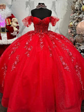 Red Off-Shoulder Short Sleeve Lace Applique Beaded Corset Ball Gown Quinceanera Dress