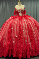 Red Off-Shoulder Sweetheart 3D Floral Butterfly Beaded Ball Gown Quinceanera Dress