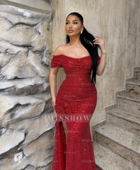 Red Off-The-Shoulder Short Sleeve Mermaid Sequined Floor Length Formal Evening Dress