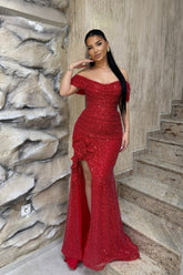 Red Off-The-Shoulder Short Sleeve Mermaid Sequined Floor Length Formal Evening Dress