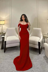 Red Off The Shoulder Sleeveless Ruched Satin Mermaid Floor Length Formal Evening Dress