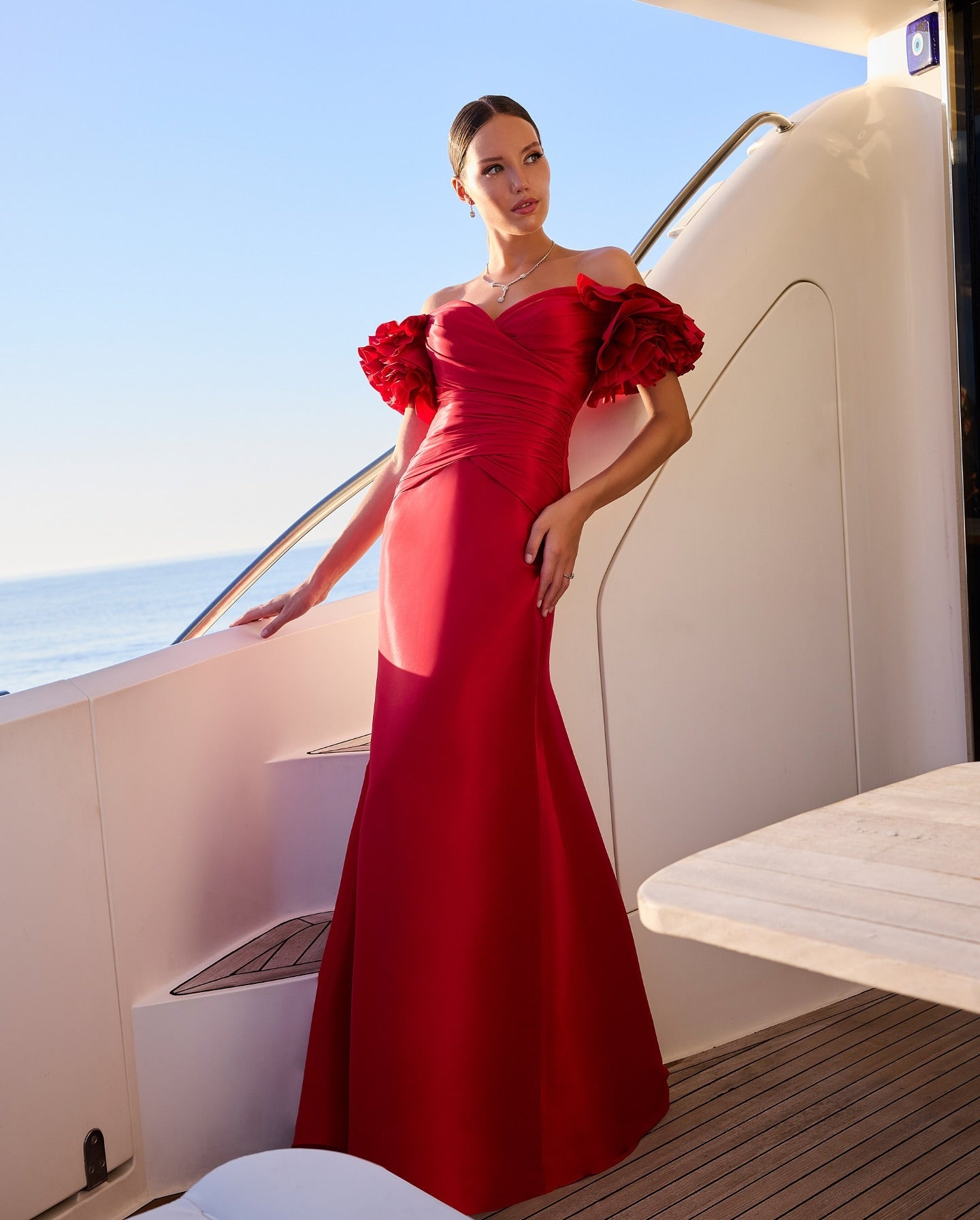 Red Off-the-Shoulder 3D Floral Ruffle Sleeves Mermaid Satin Floor Formal Evening Gown
